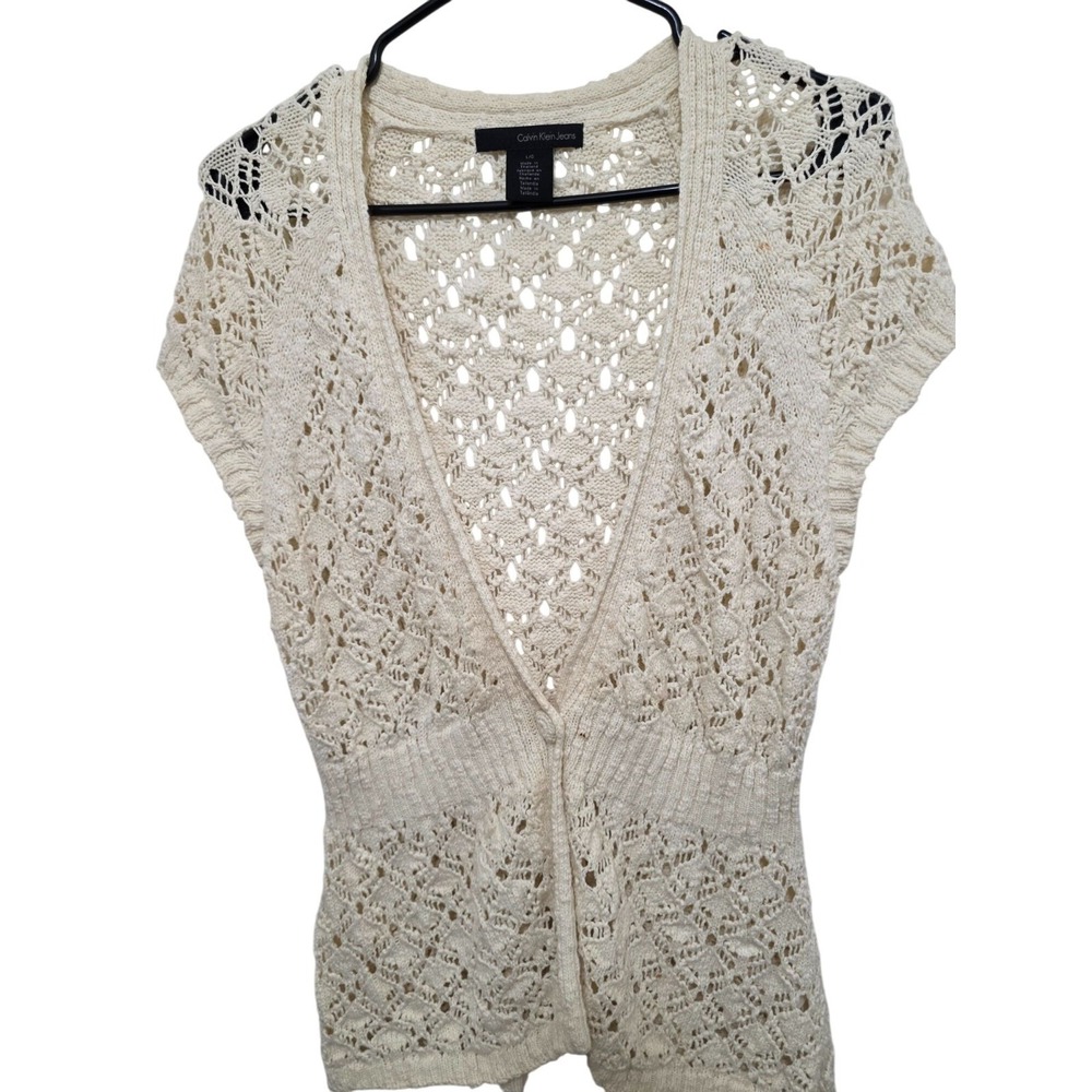 Calvin Klein Jeans Women's Crochet Knit Cardigan Sweater L/G Short Sleeve Cream